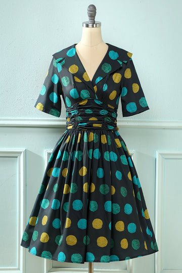 Preto Big Polka Dots 1950s Vintage Dress